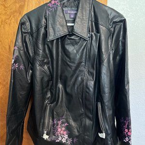 Leather-look moto black biker jacket with pink/white flower applique